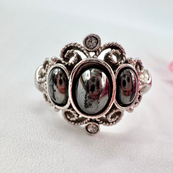 Vintage Avon Midnight Splendor Faux? Hematite Ring Crystals Opulent Ornate 1972 - Picture 3 of 15